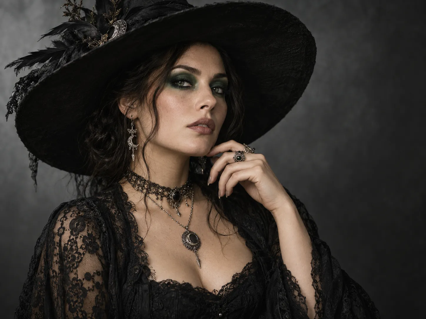 Witch costume portrait with hat and dramatic side lighting