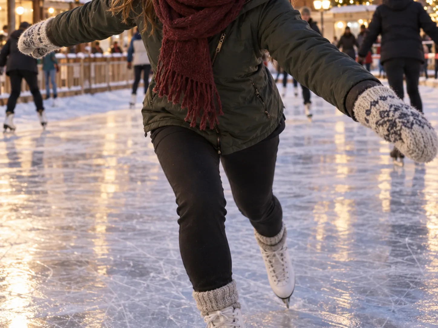 Skater on an outdoor Christmas ice rink under string lights at twilight