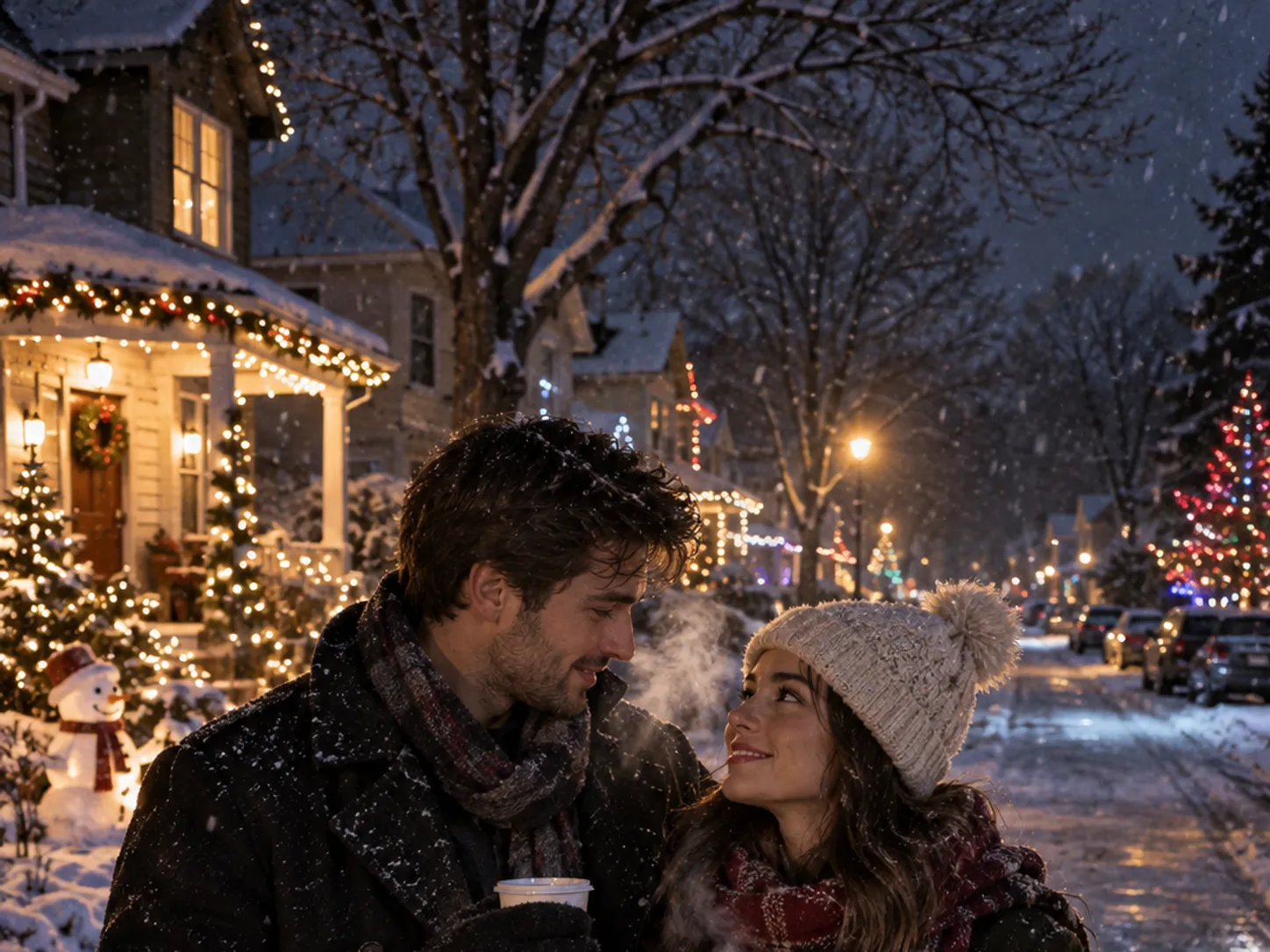 Couple strolling a snow-dusted street under Christmas lights at night