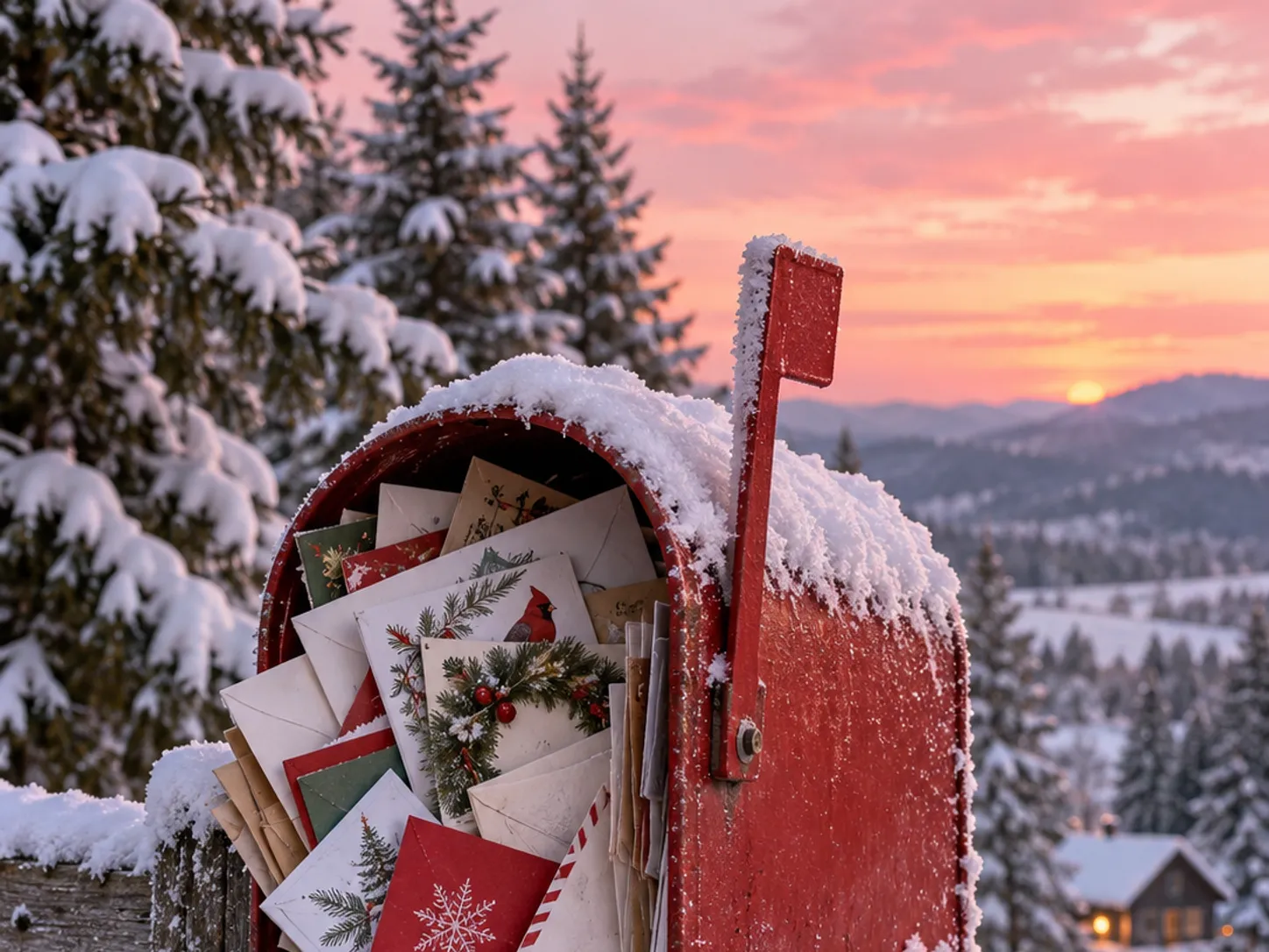 Snowy rural mailbox stuffed with colorful Christmas cards