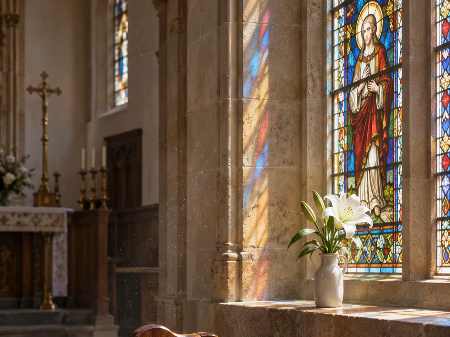 Colored sunbeams and a white lily on a church pew at Easter morning