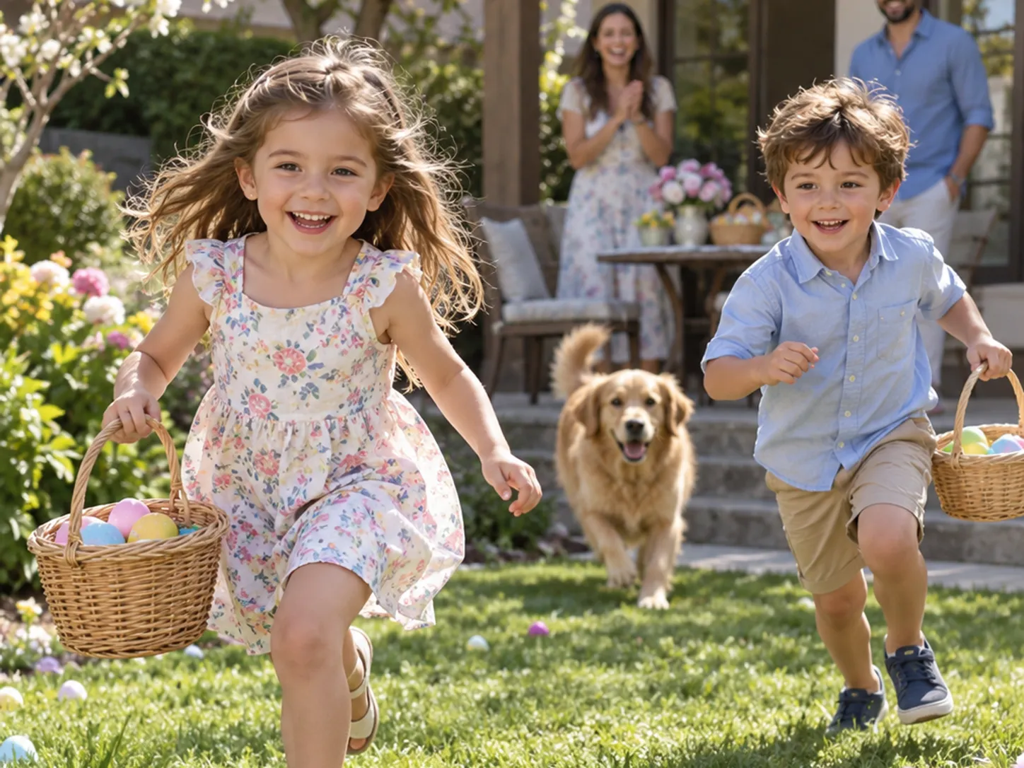 Children running with baskets during a sunny backyard Easter egg hunt