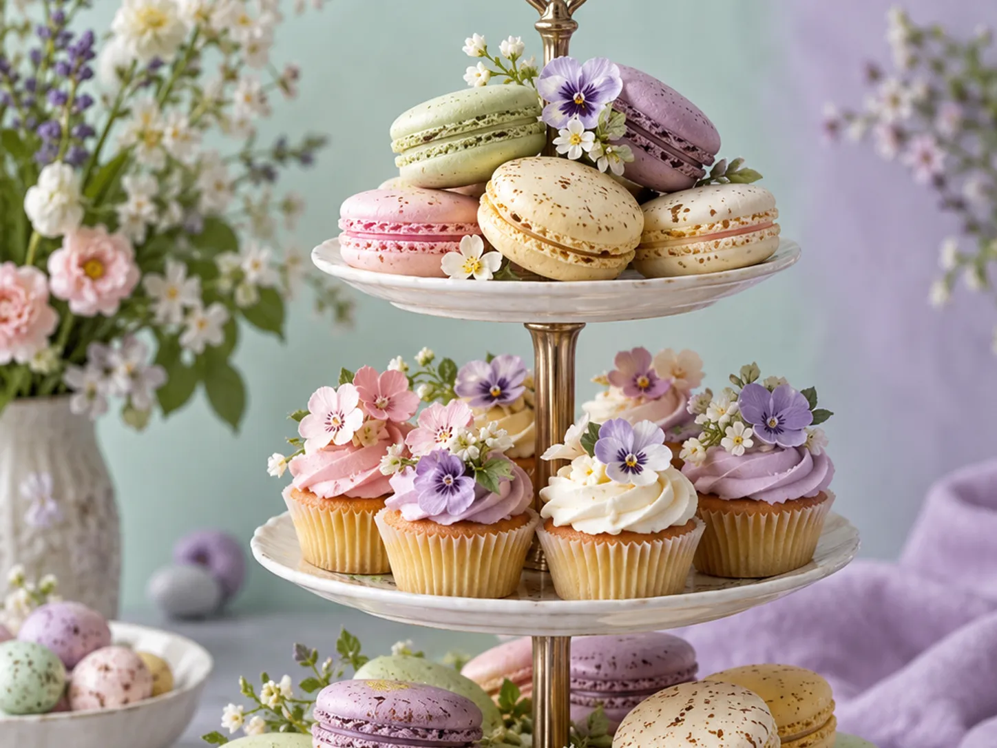 Tiered pastel macarons and cupcakes with Easter candy eggs