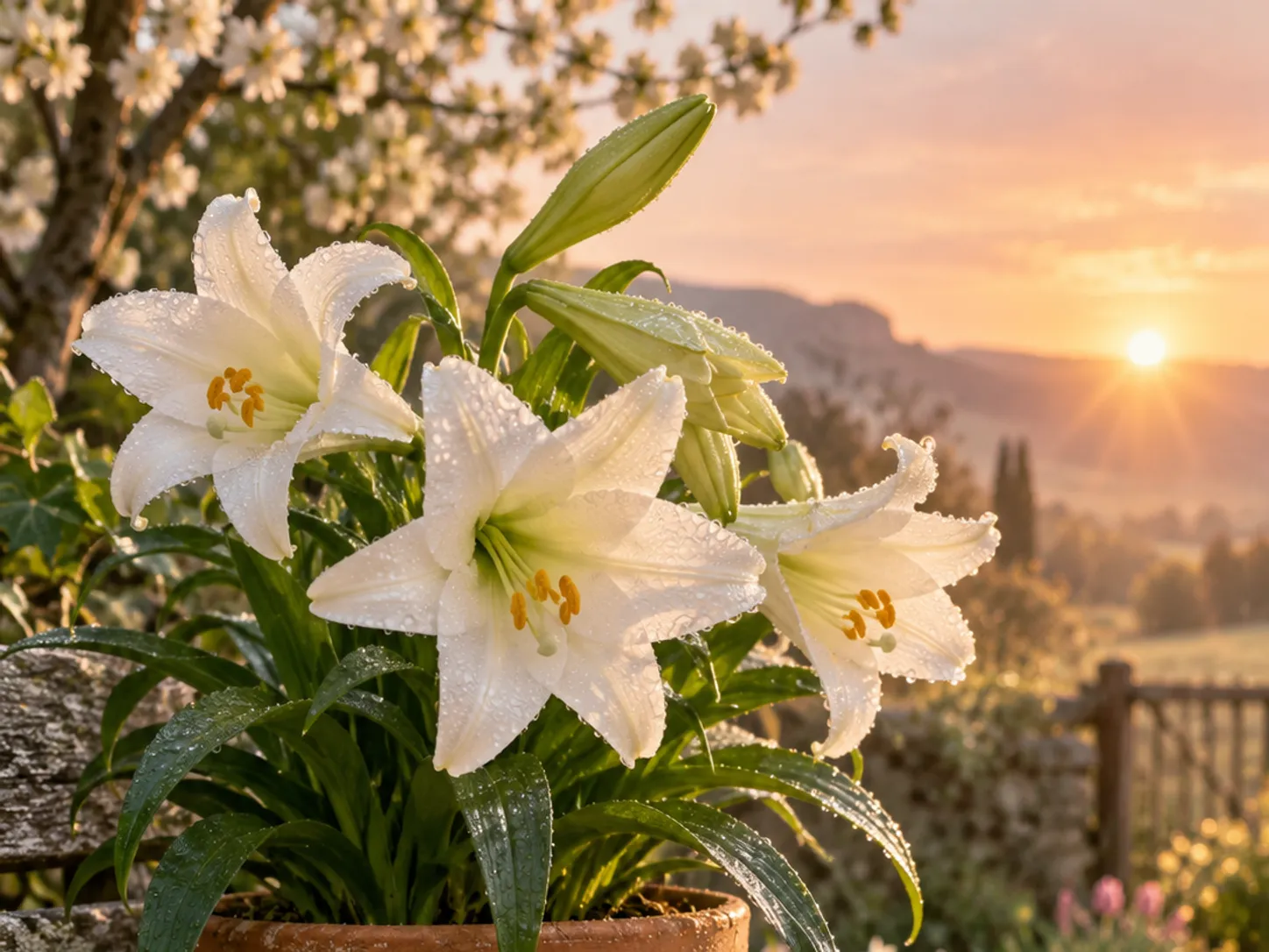 Easter lilies and pastel eggs on a garden bench at sunrise