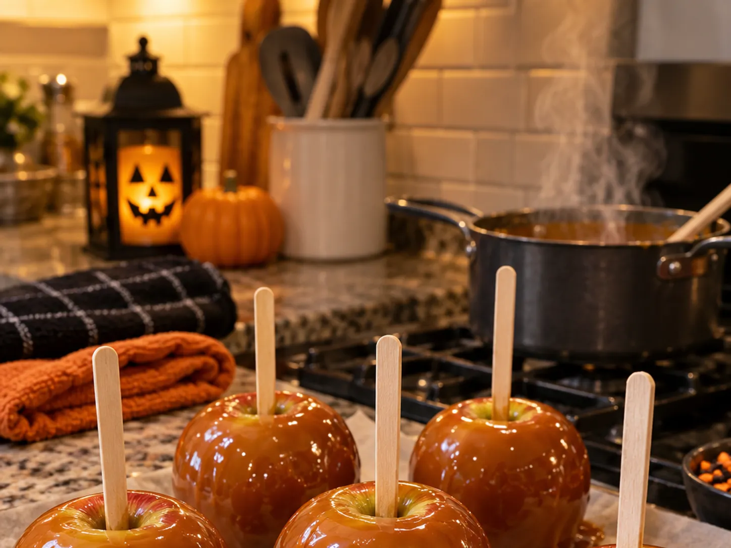 Fresh caramel apples cooling on a warmly lit Halloween kitchen counter