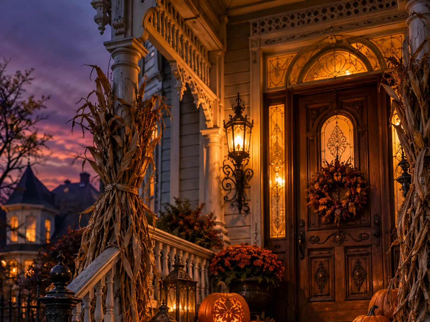 Halloween-decorated porch with pumpkins, fog, and warm lantern light