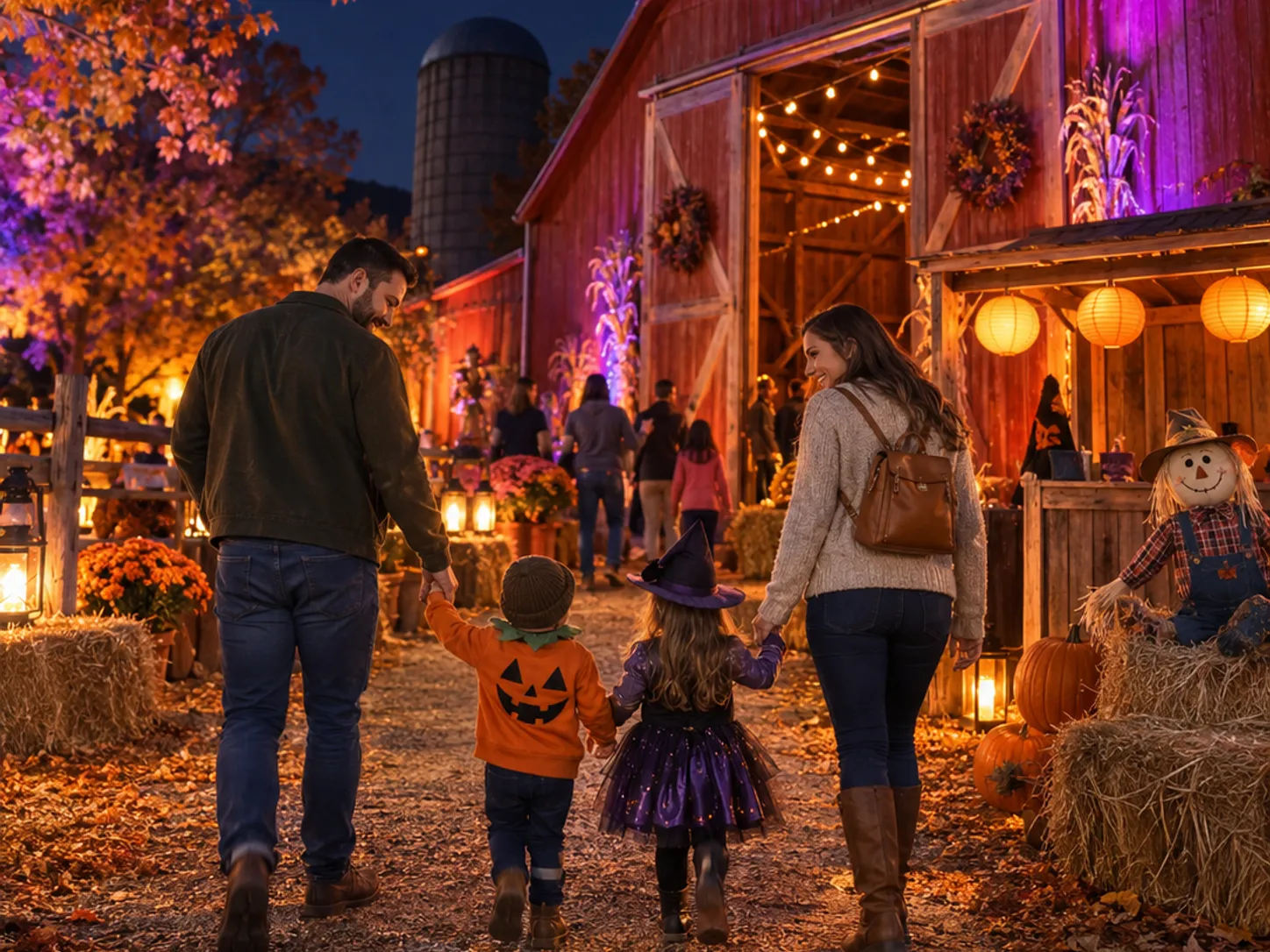 Families entering a lit haunted barn attraction on an autumn night