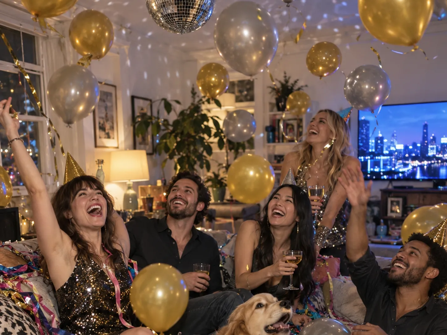 Gold and silver balloons falling over friends celebrating in a living room