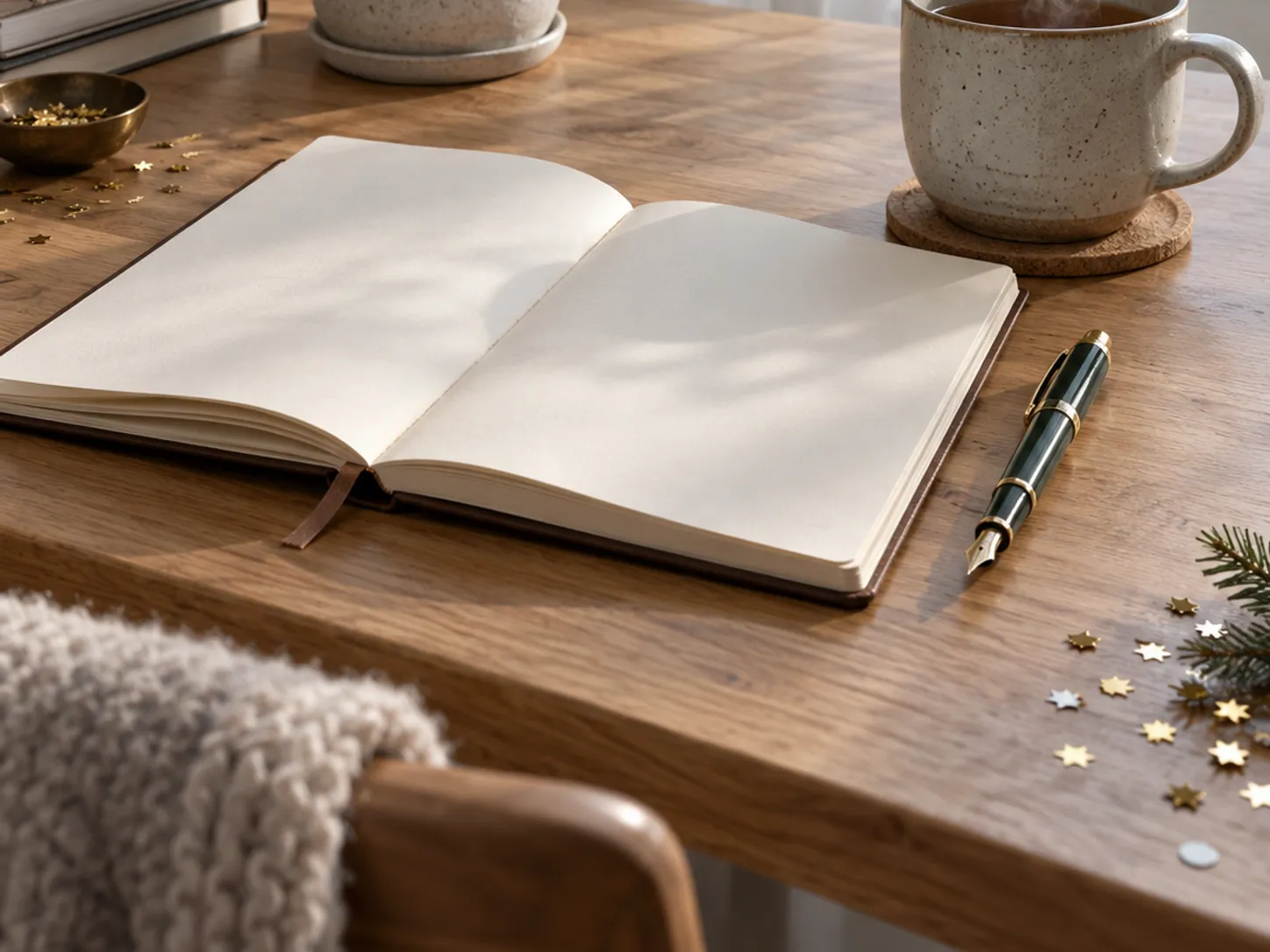 Journal and tea on a calm desk with soft daylight and stray confetti