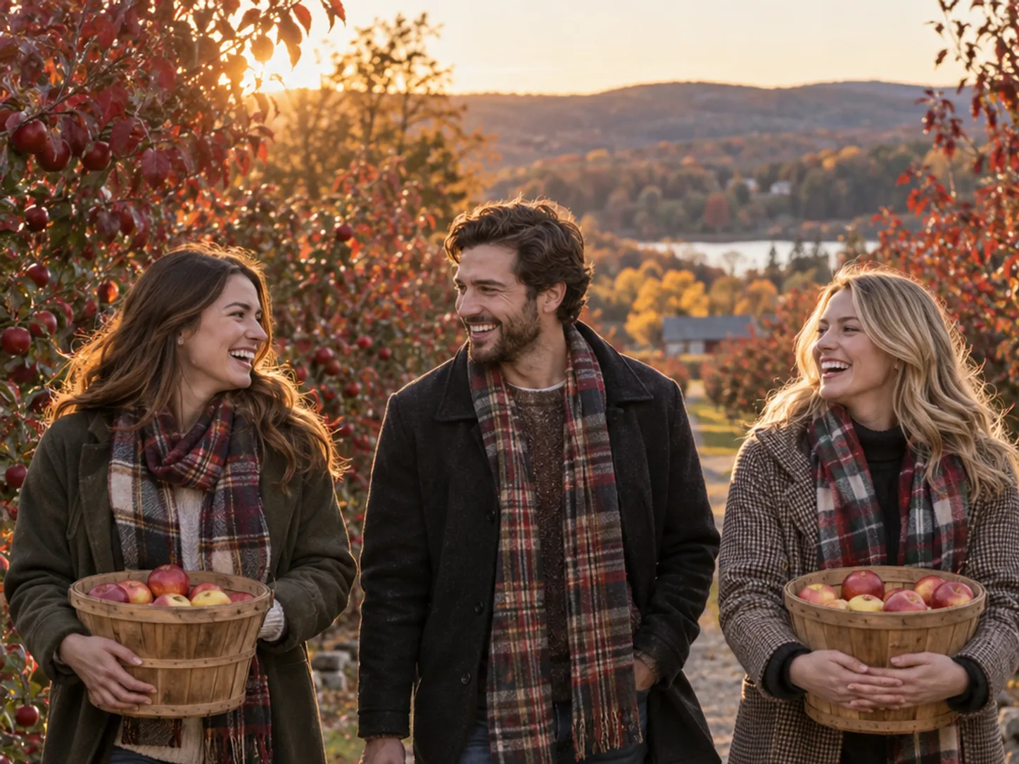 Friends walking through a sunny cider orchard with apple baskets in autumn