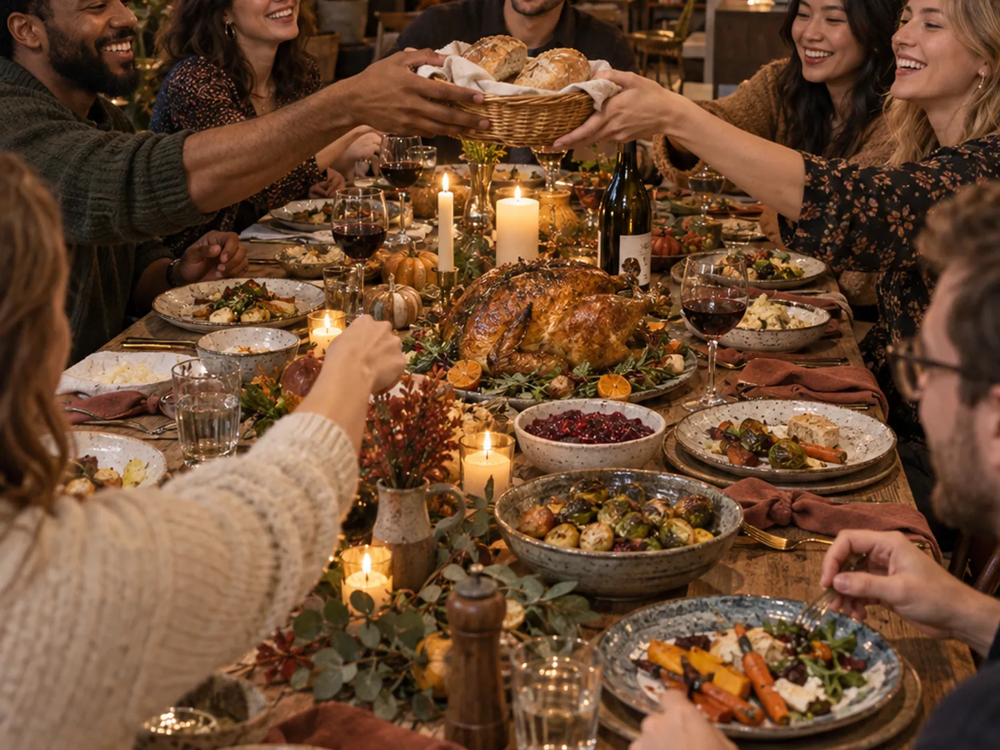 Hands passing dishes across a warmly lit Friendsgiving table