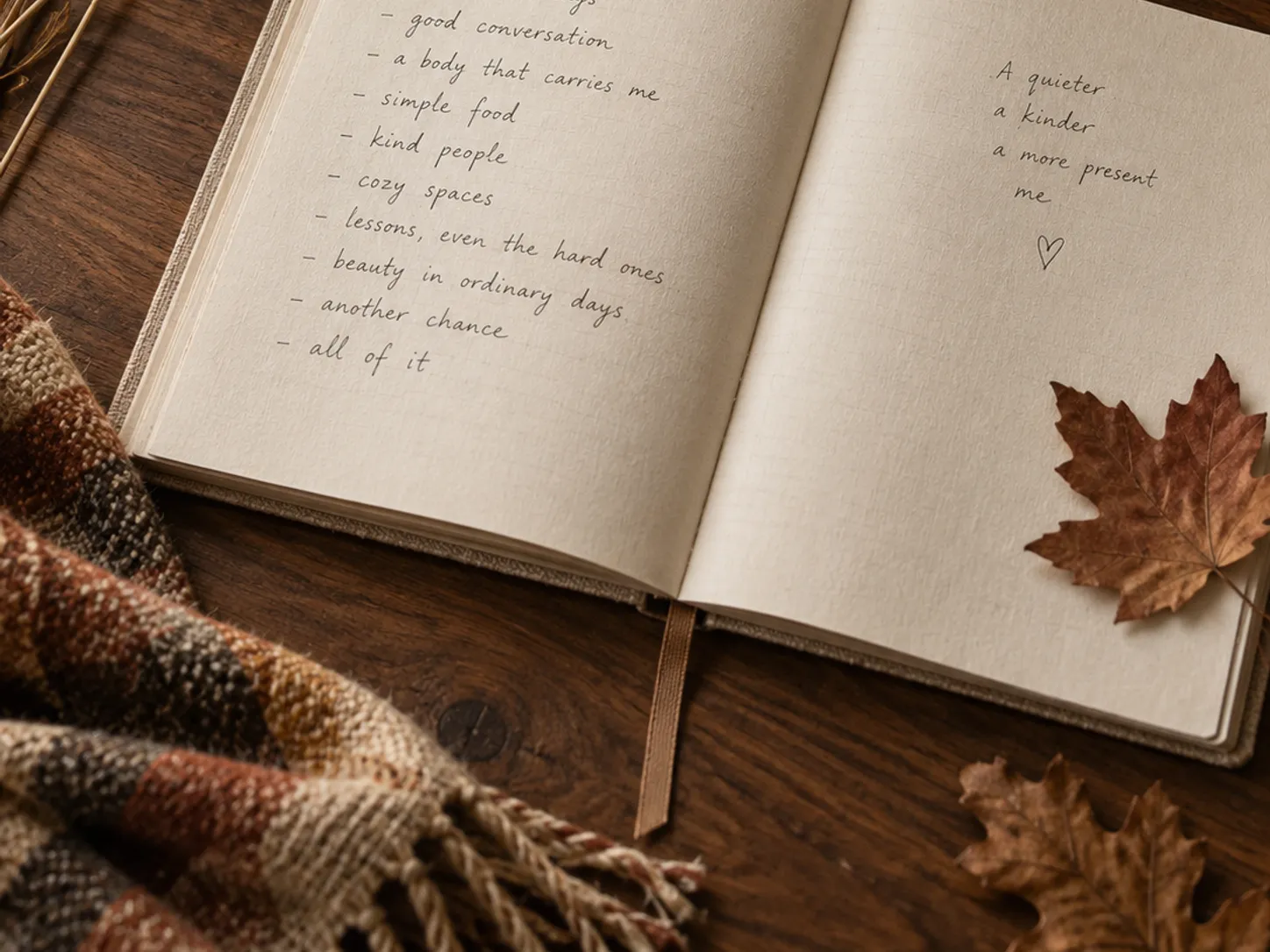 Overhead view of a gratitude journal with pumpkin, wheat, and tea
