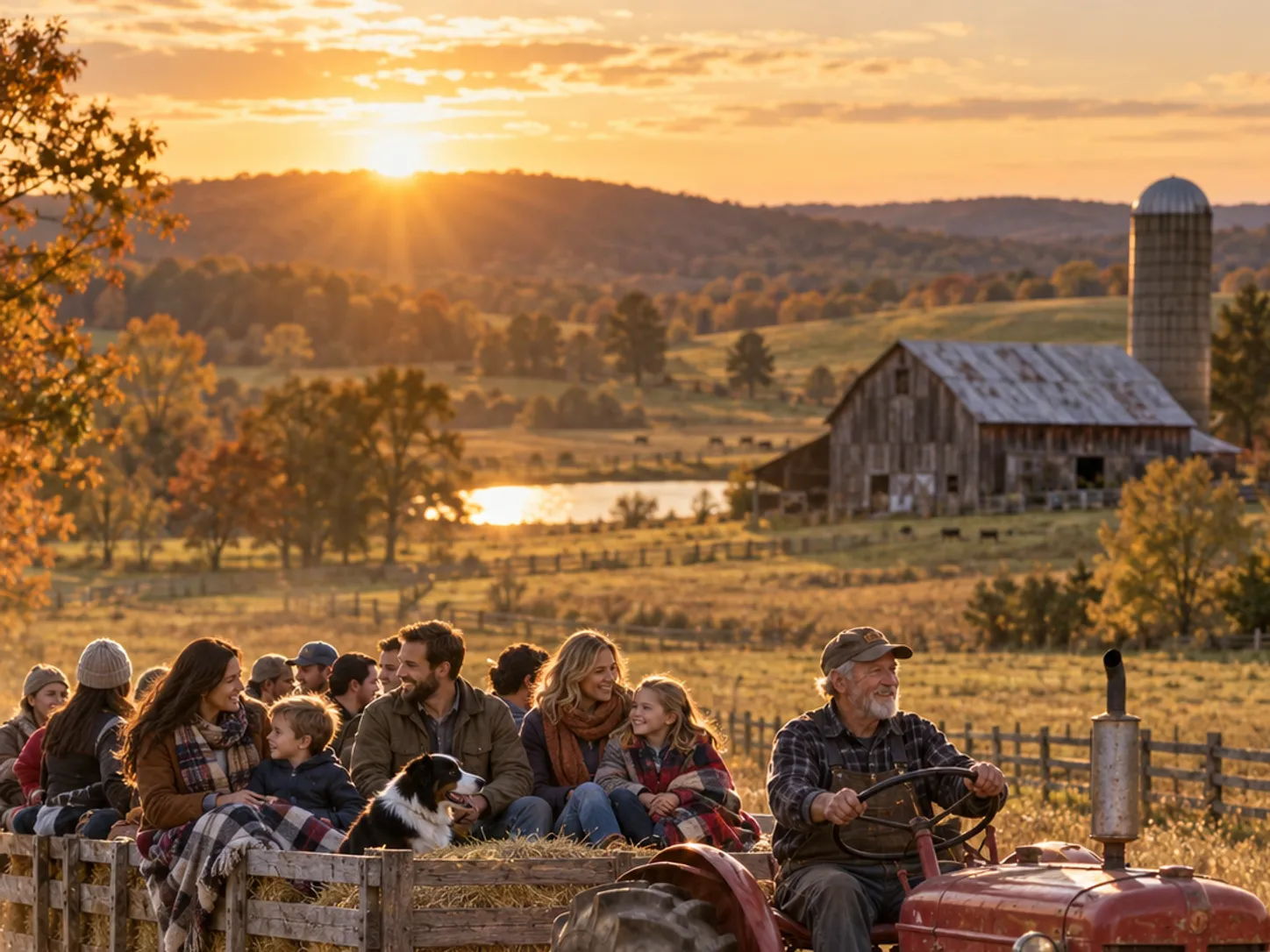 Families on a hayride wagon at golden hour past farmland and a barn