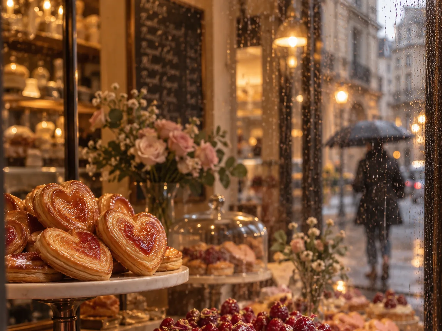 Heart-shaped pastries glowing inside a rainy Valentine bakery window