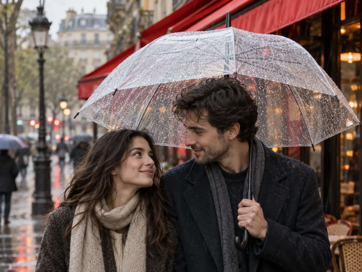 Couple under one umbrella on a rainy city sidewalk near a red awning