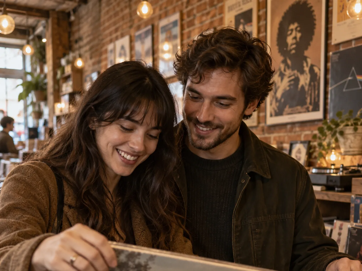 Couple browsing vinyl records in a warmly lit shop with heart stickers