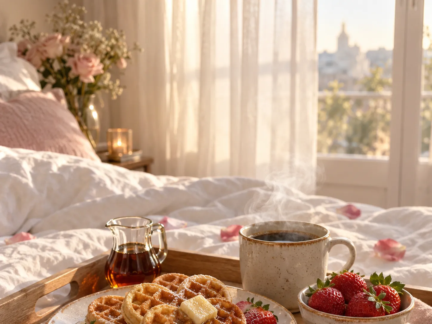 Heart-shaped waffles and rose petals on a sunlit breakfast tray in bed