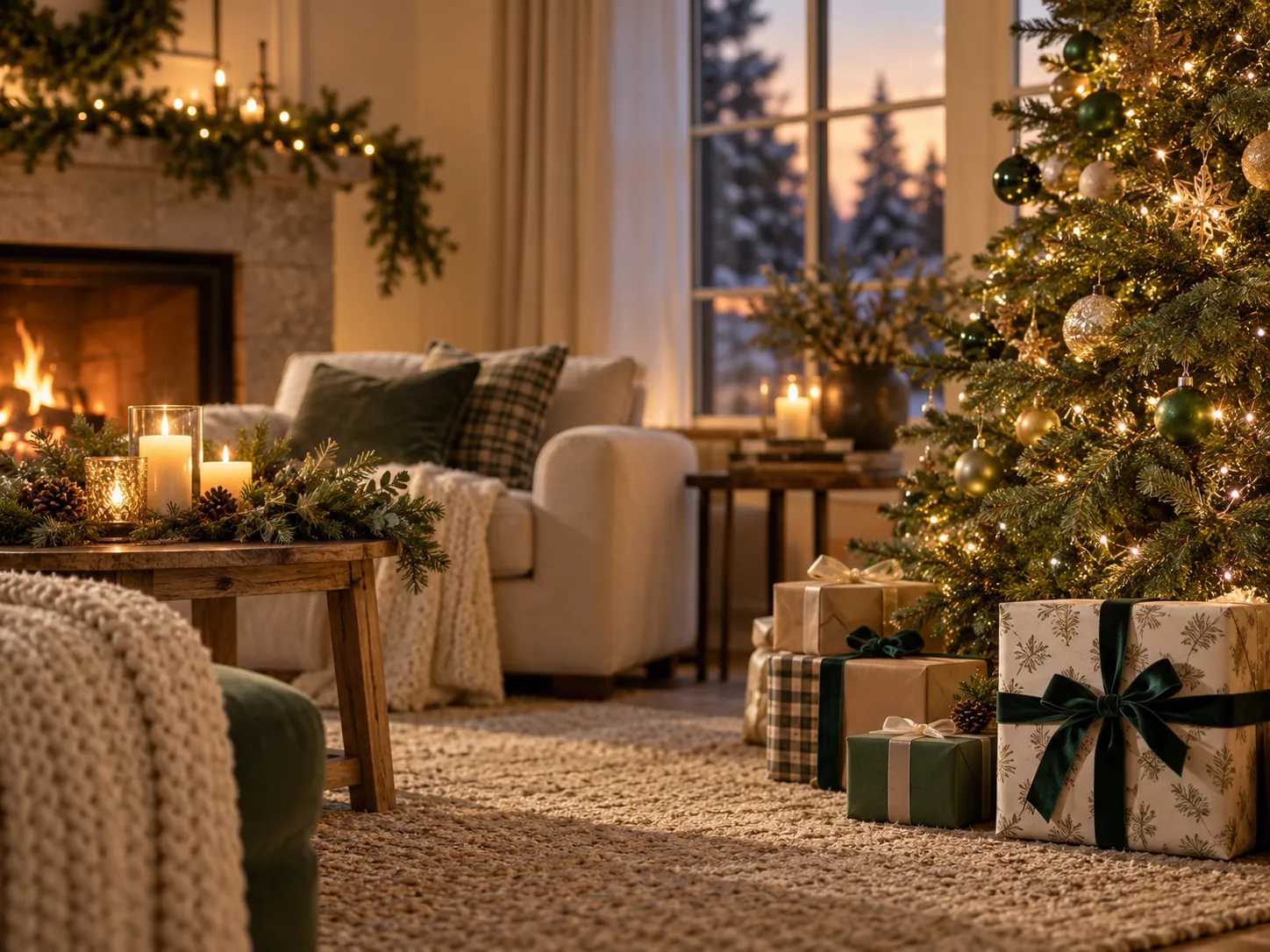 Cozy holiday living room with a decorated Christmas tree, lit candles, and wrapped gifts