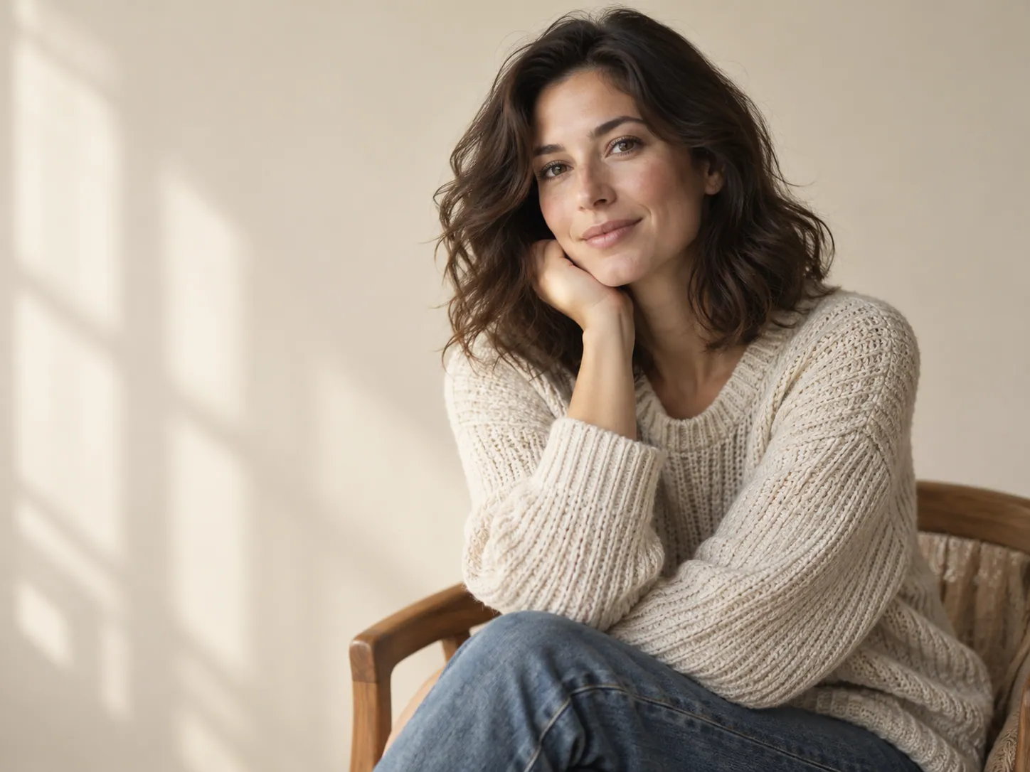 Relaxed portrait of a smiling adult in a knit sweater against a warm cream studio backdrop