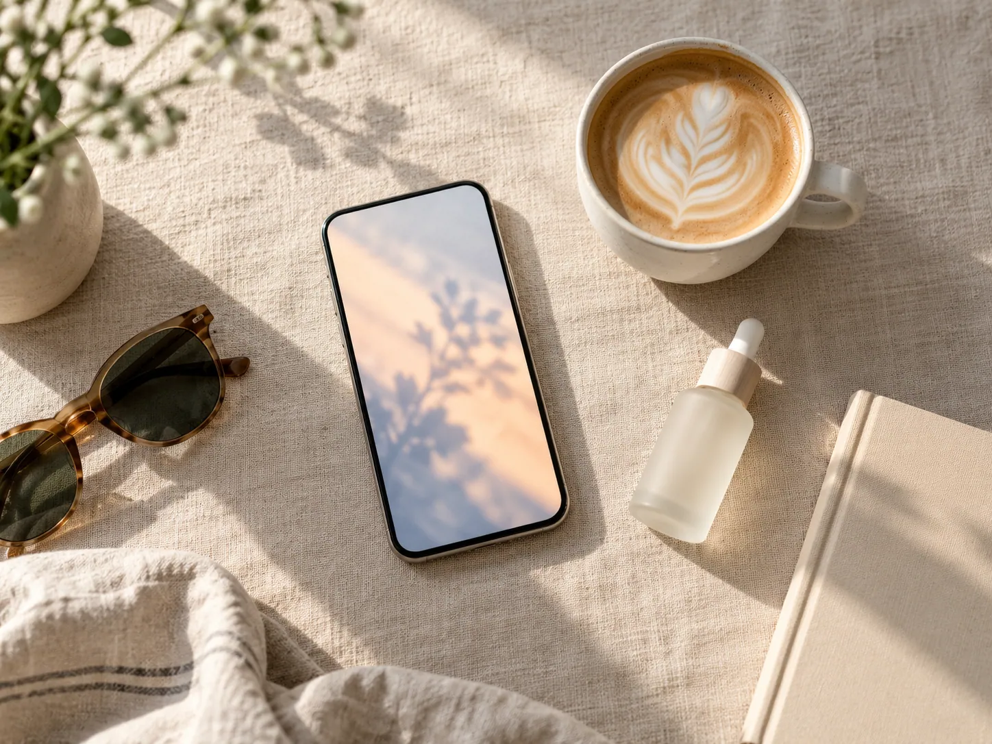 Overhead social media flat lay with a phone, latte, sunglasses, and notebook on linen