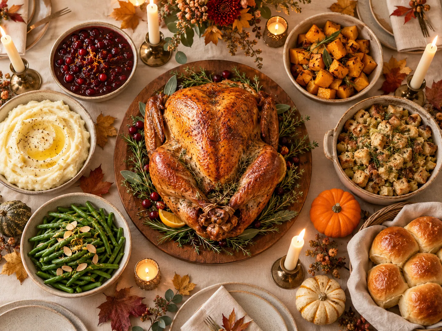 Overhead Thanksgiving dinner table with a roast turkey, seasonal sides, and candles