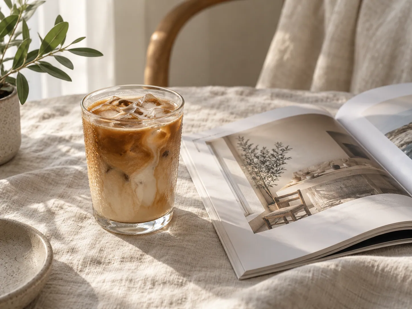 Aesthetic Instagram photo of iced coffee on a linen tablecloth