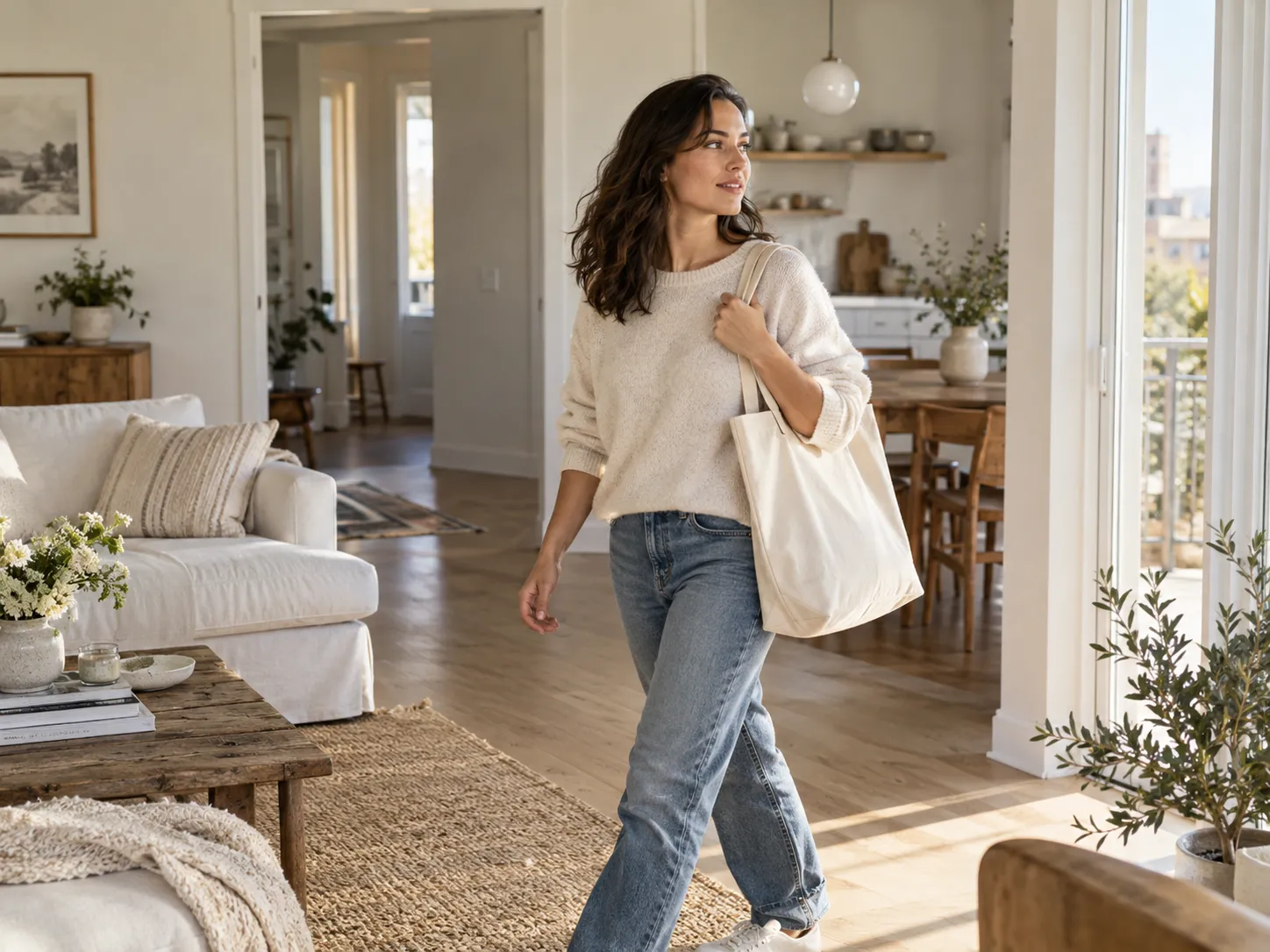 Instagram lifestyle post of a person walking through a bright apartment
