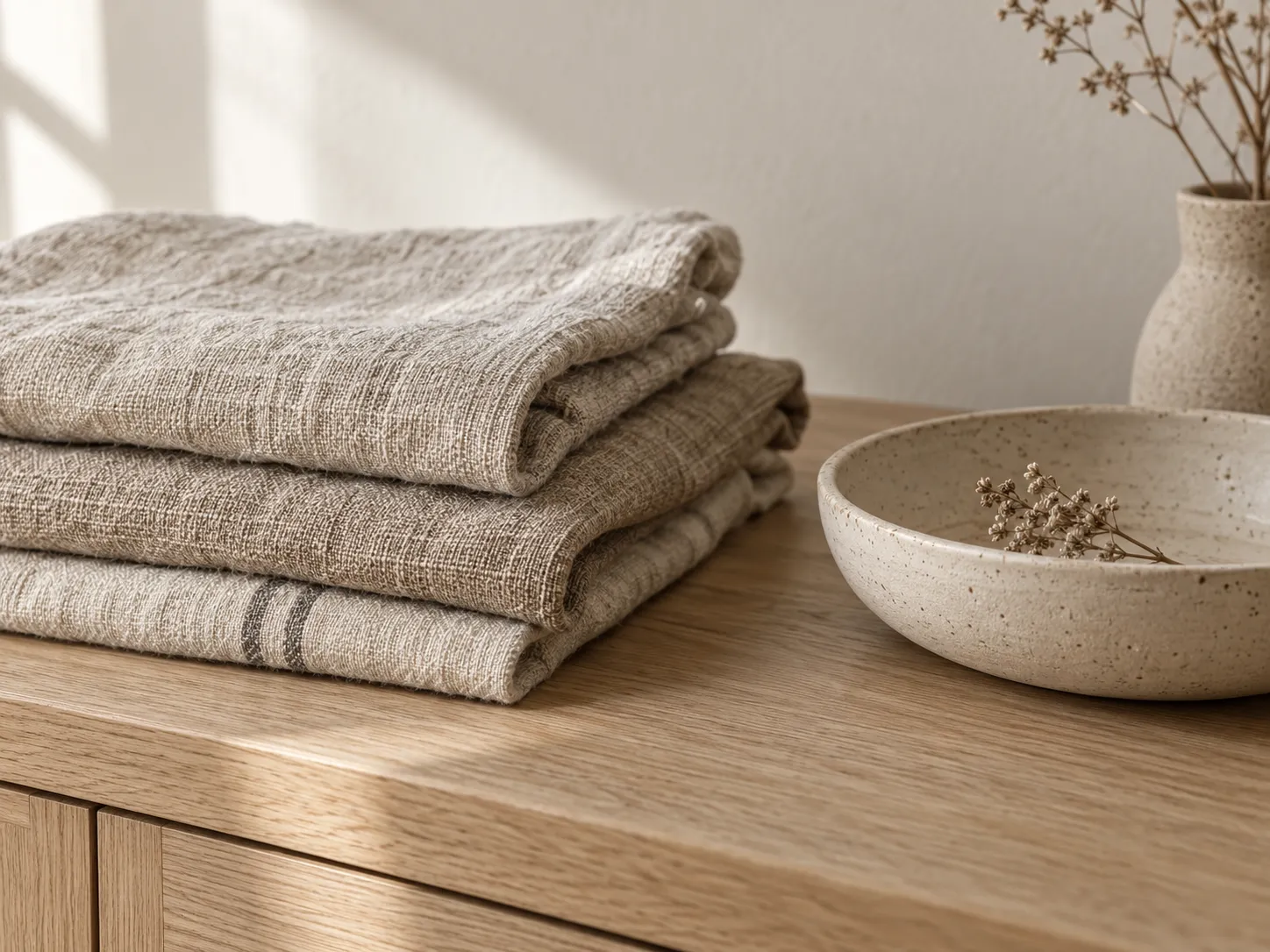 Neutral aesthetic feed image of folded linen and ceramics
