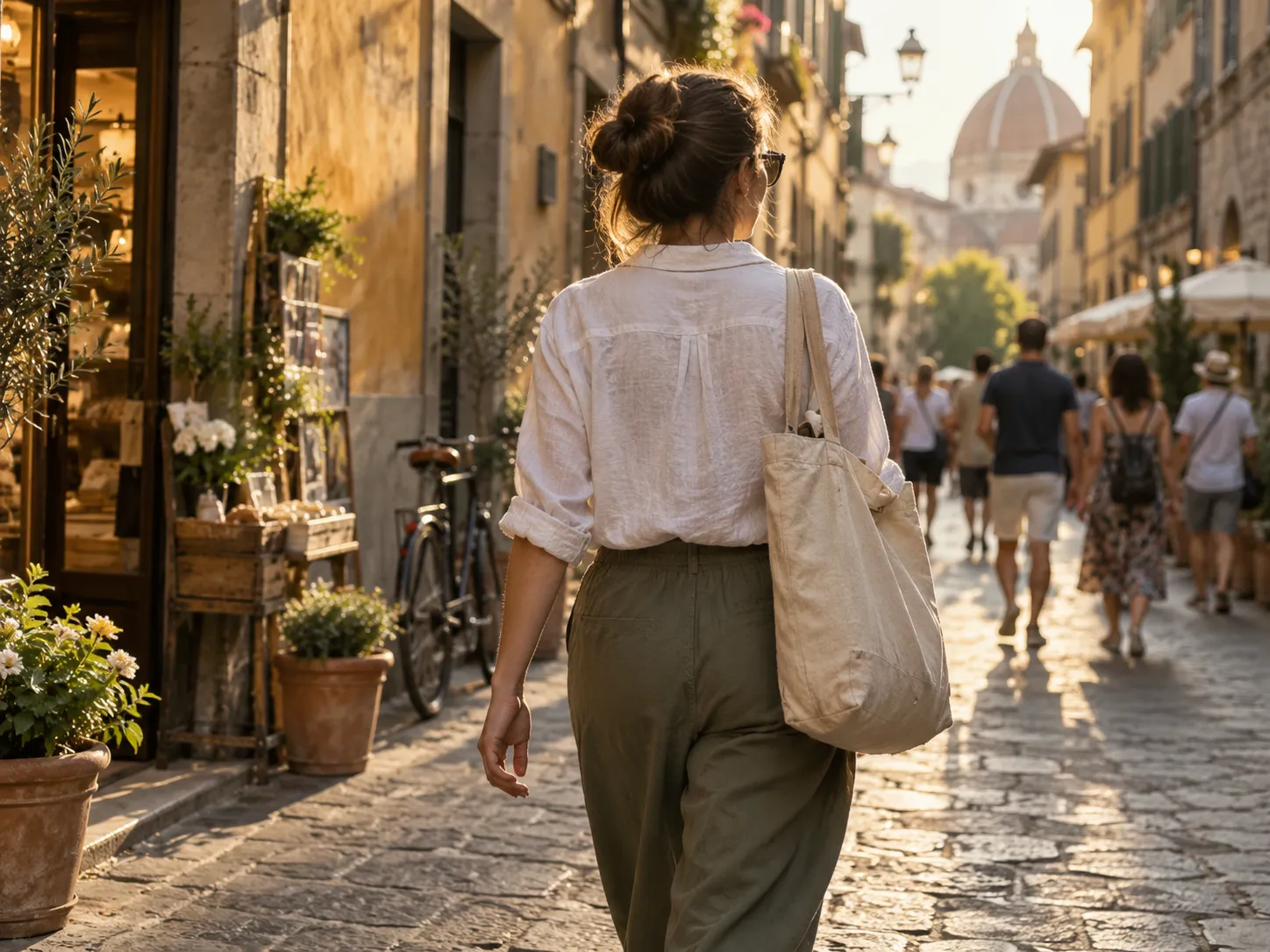 City walk lifestyle photo along a narrow shopping street