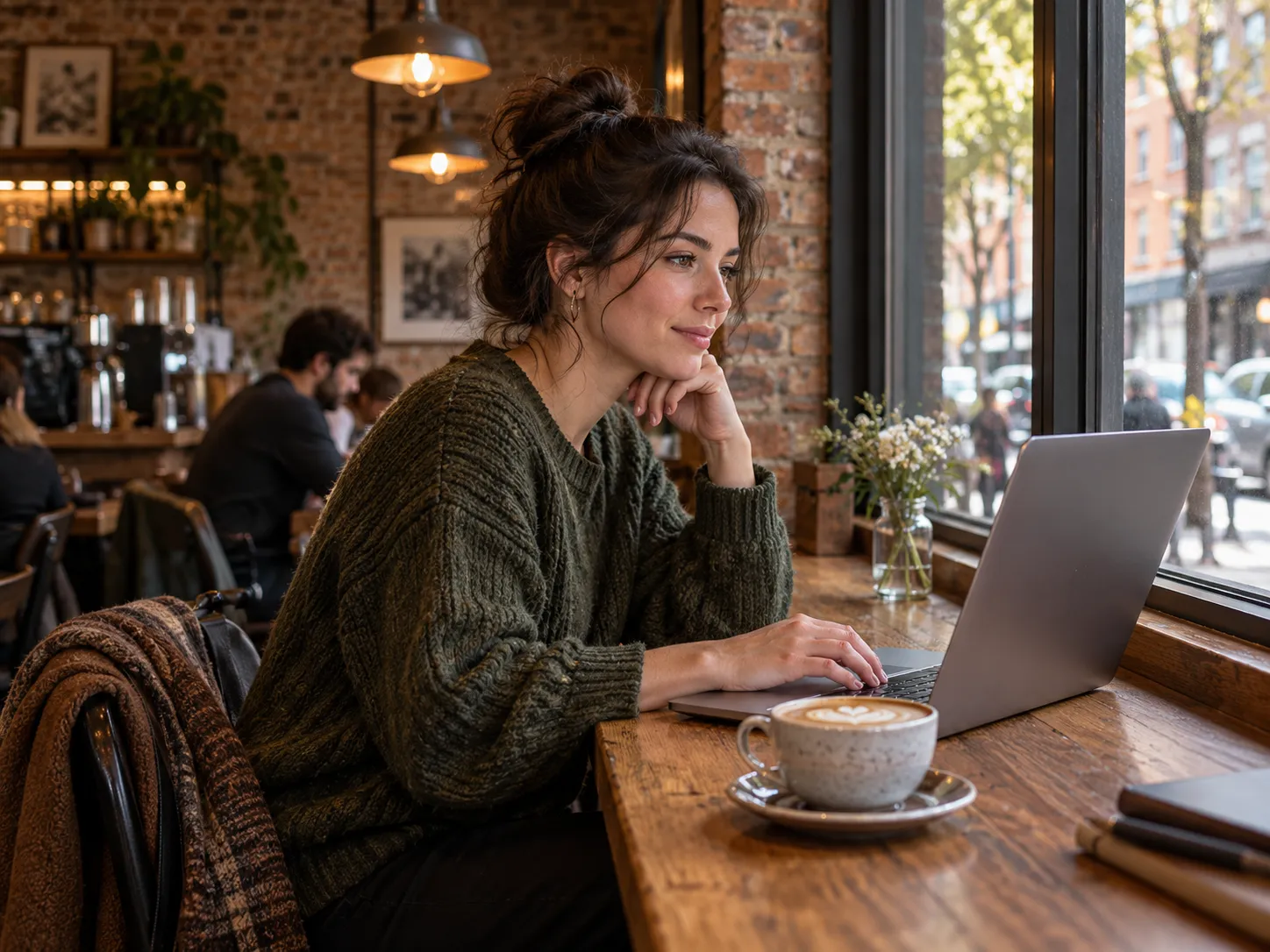 Coffee shop lifestyle image of a person working at a window