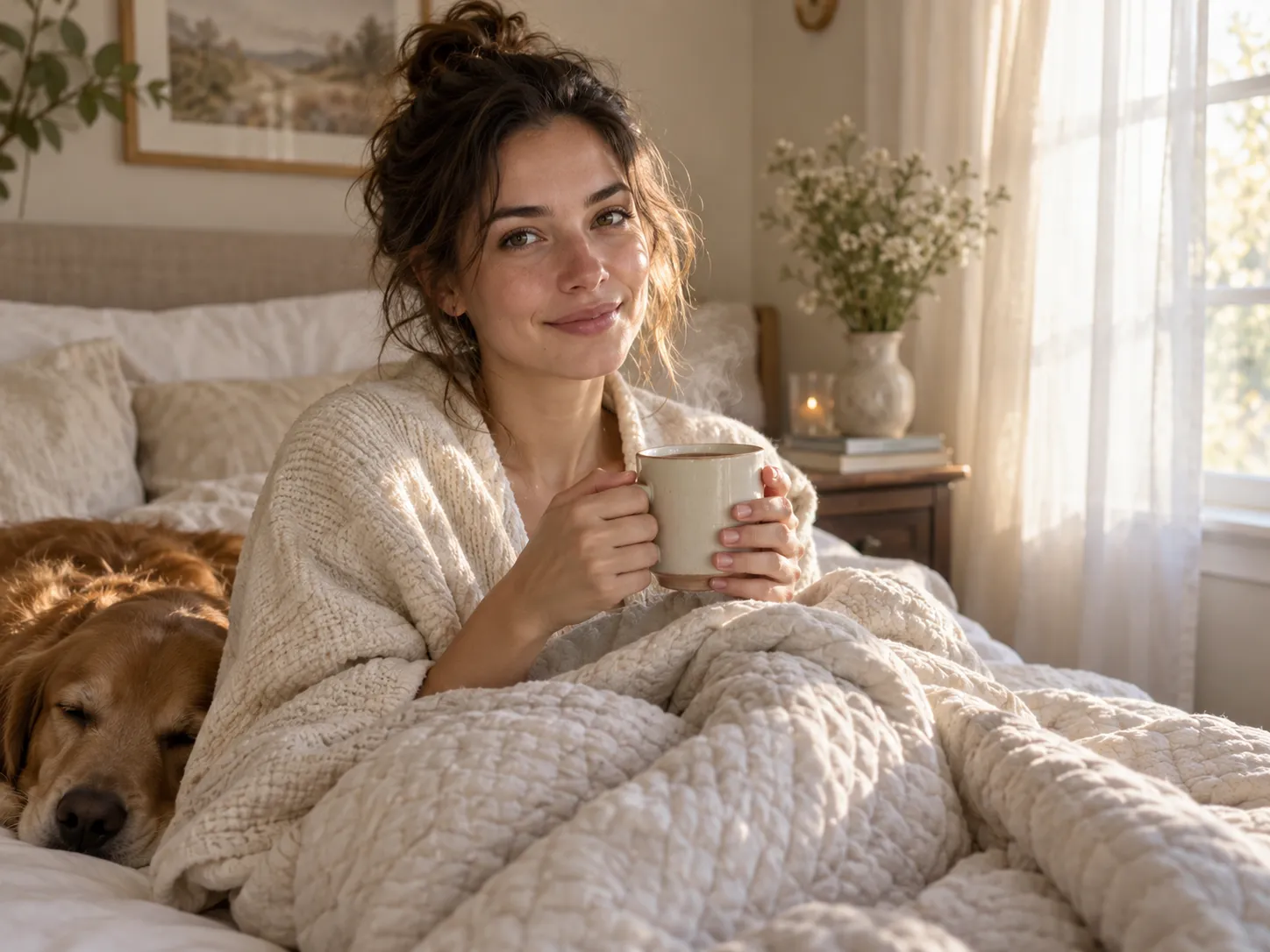Cozy morning lifestyle photo of a person in bed with a mug