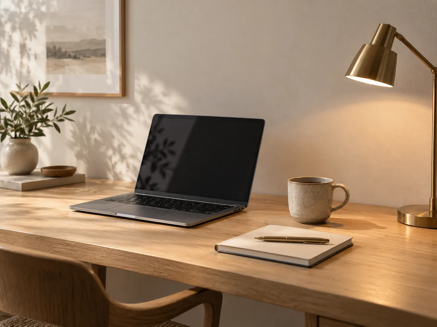 Minimal desk lifestyle scene with a laptop and notebook