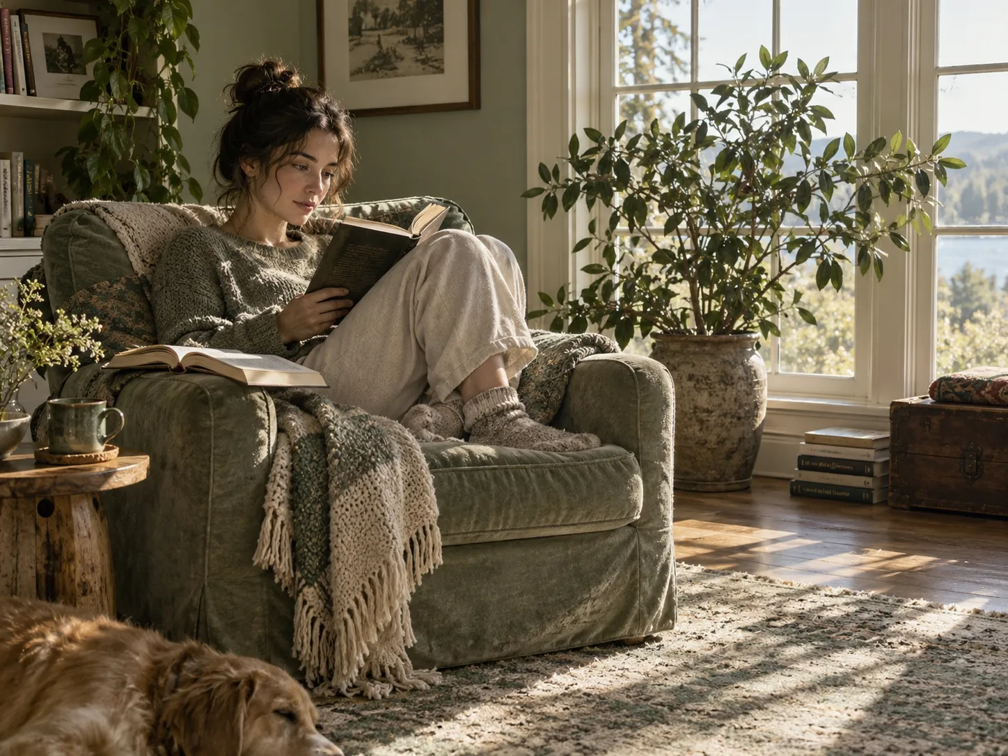 Person reading in an armchair beside a bright window