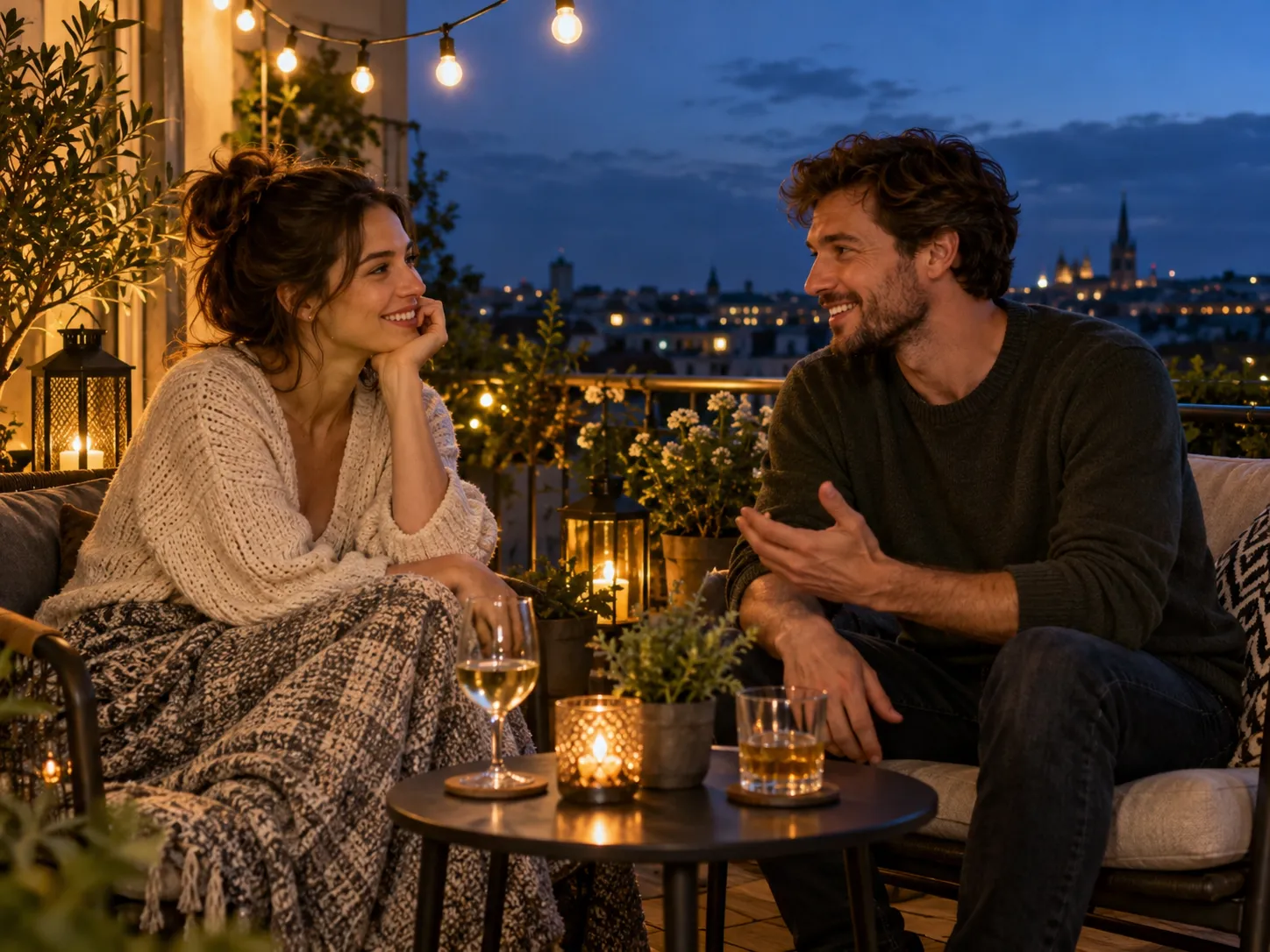Warm evening at home with two people on a balcony