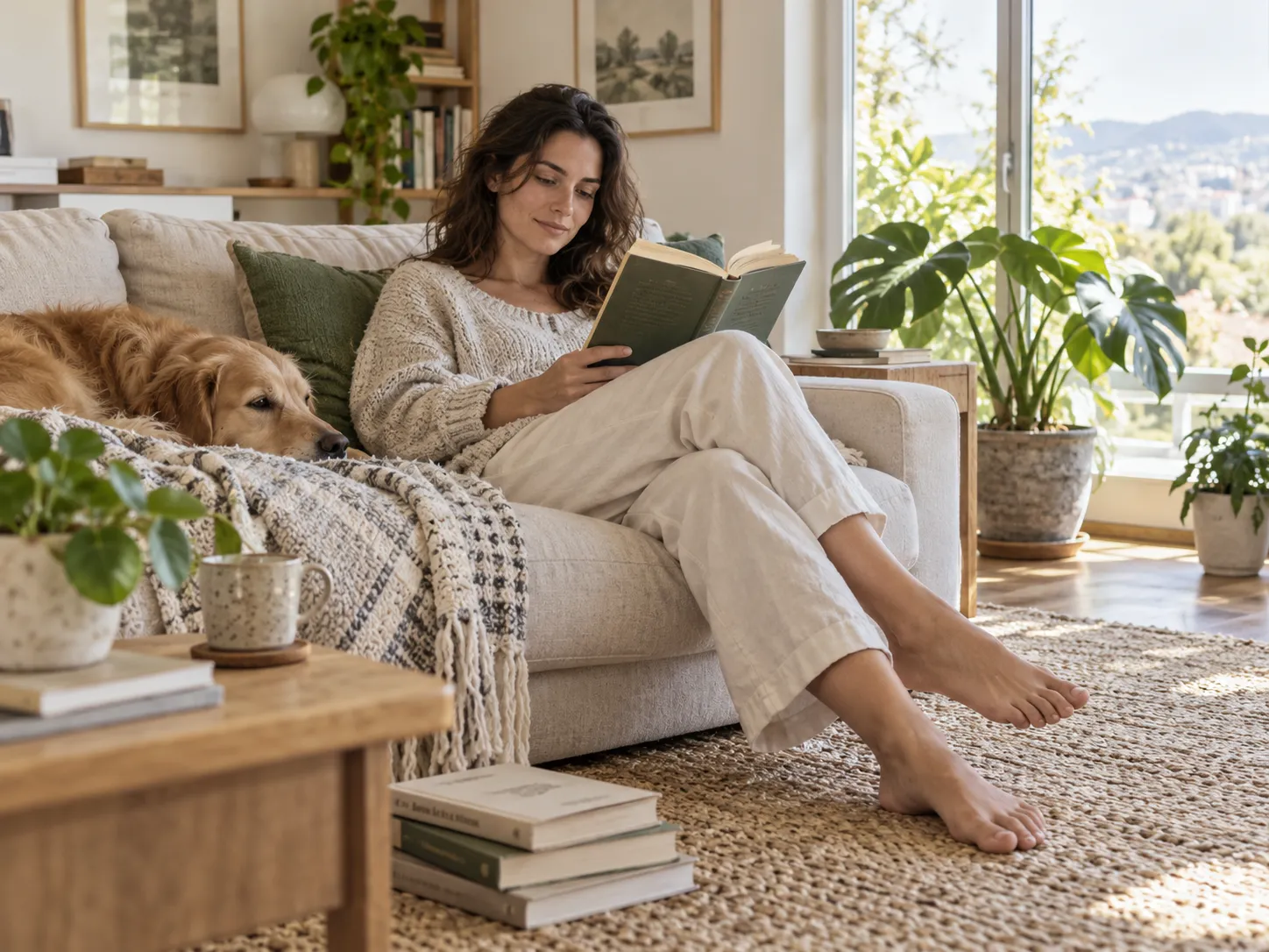 Weekend at home scene of a person reading on a sofa