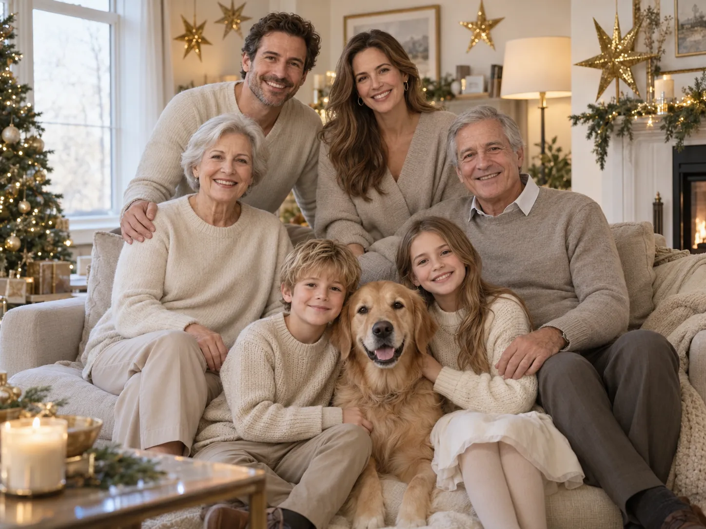 Family New Year portrait in a warmly lit living room