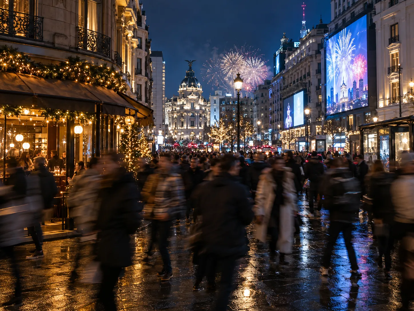 City street at midnight with New Year lights and motion blur