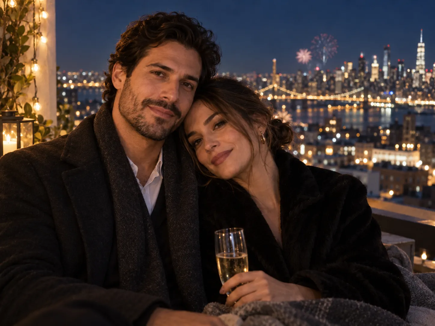 Couple on a rooftop at night for a New Year photo
