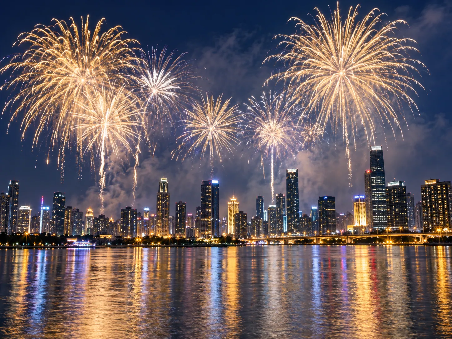New Year fireworks above a city skyline at night