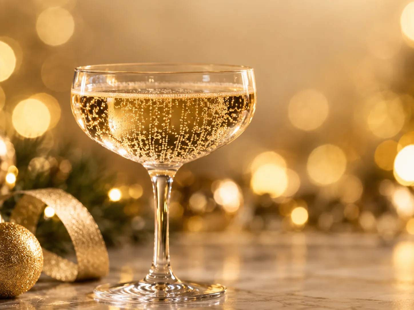 Square New Year social image with a sparkling drink and gold bokeh