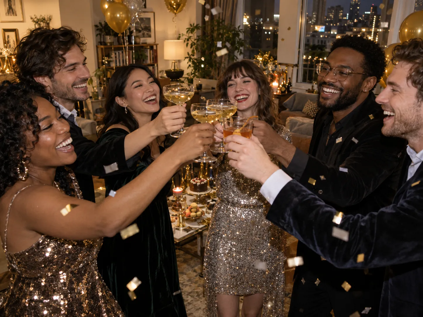 New Year party scene with confetti and raised glasses