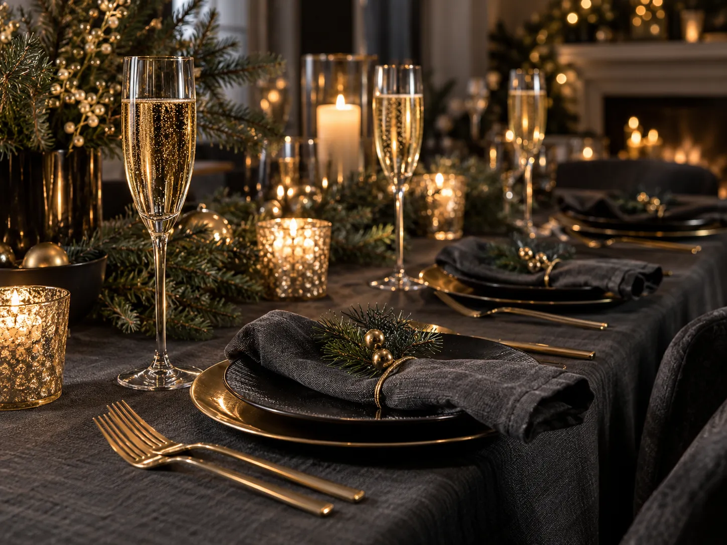 New Year table setting with champagne flutes and gold cutlery