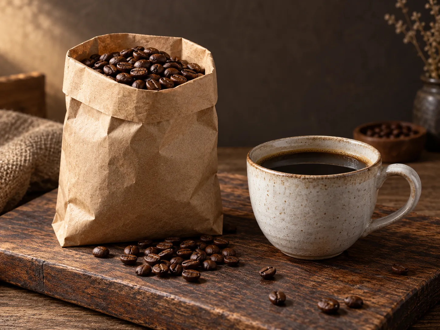 Coffee product photo with a bean bag, cup, and scattered beans
