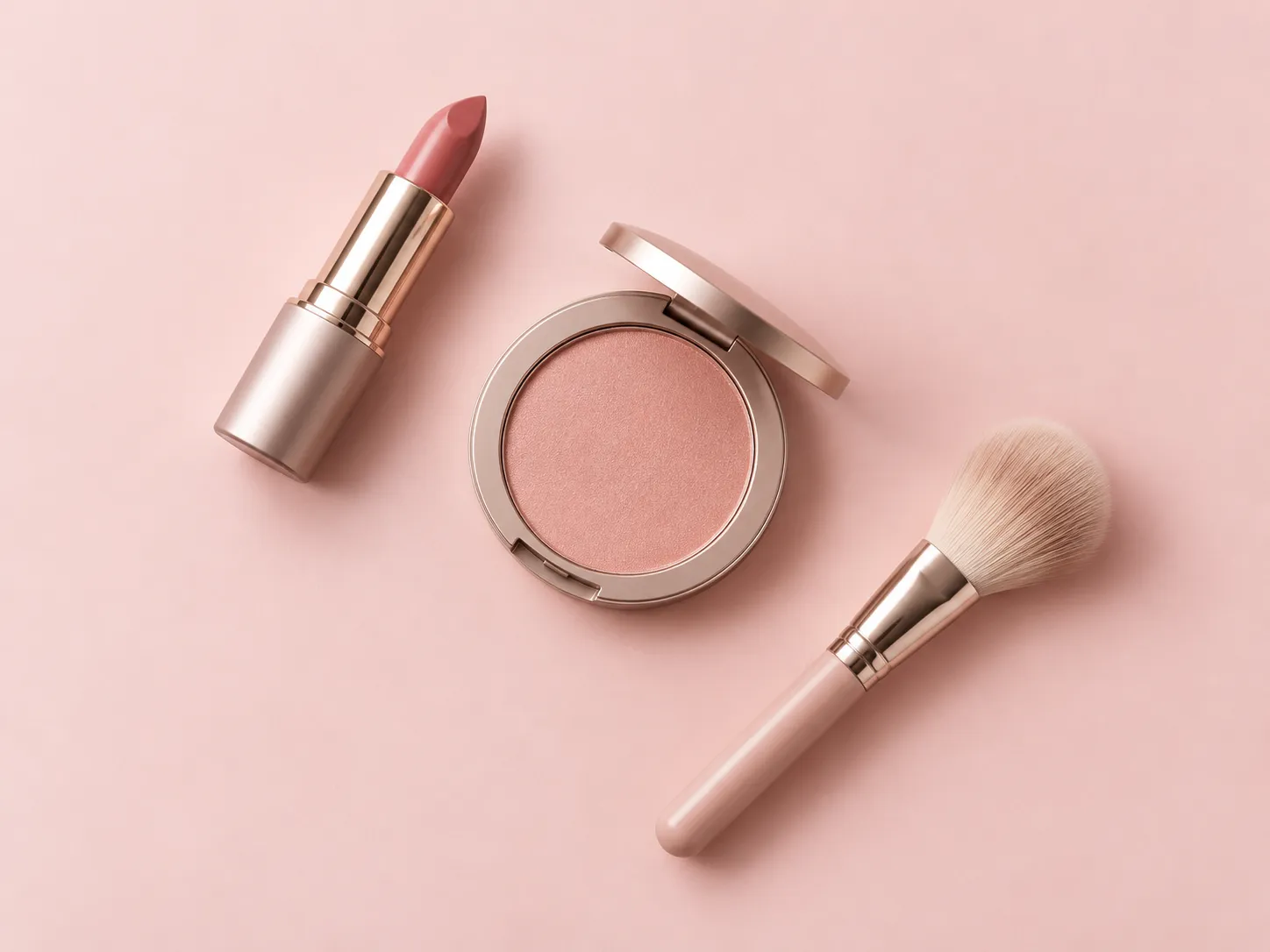 Overhead cosmetic flat lay on a pale pink surface