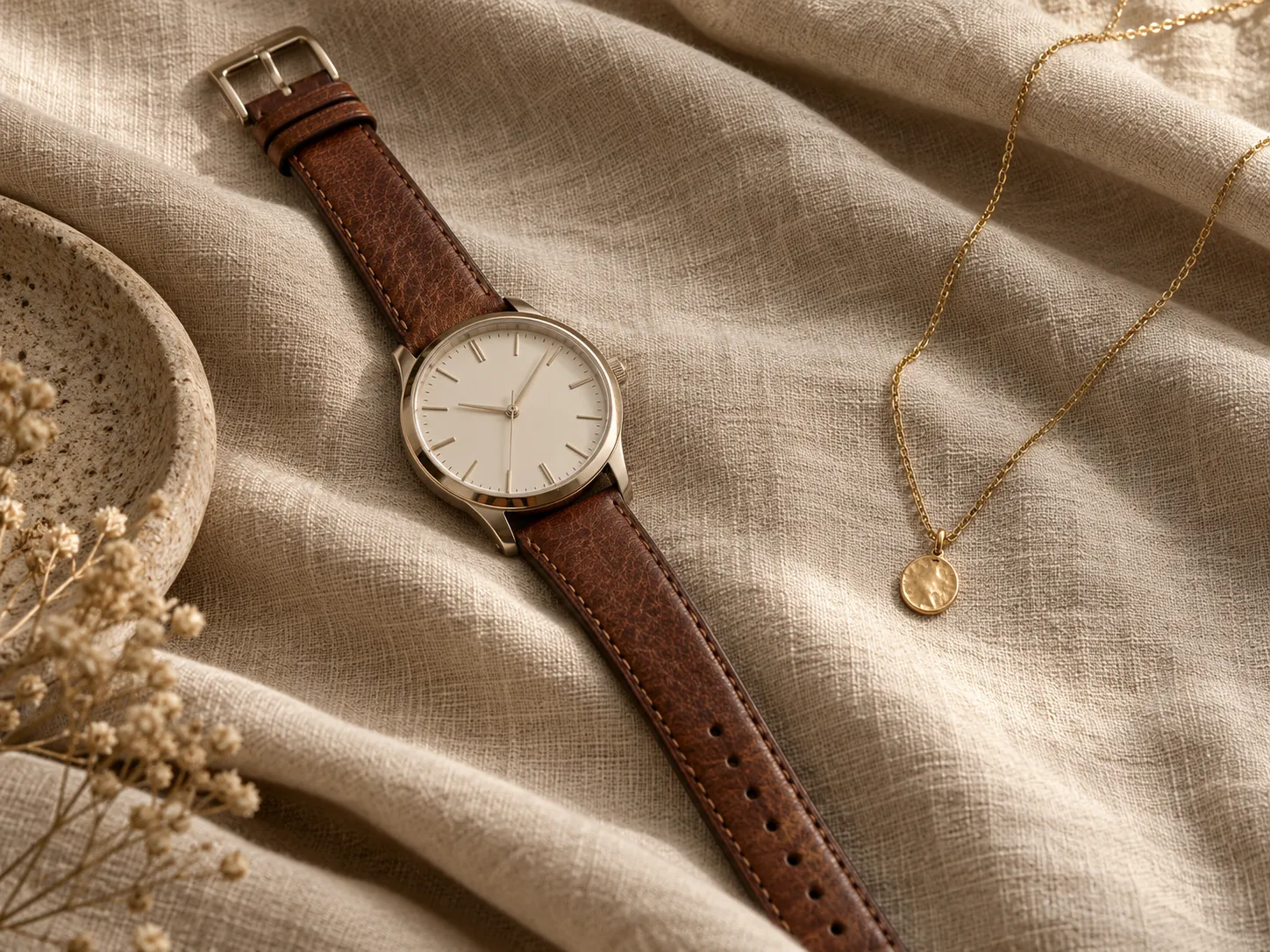 Fashion accessories product shot of a watch and necklace on linen