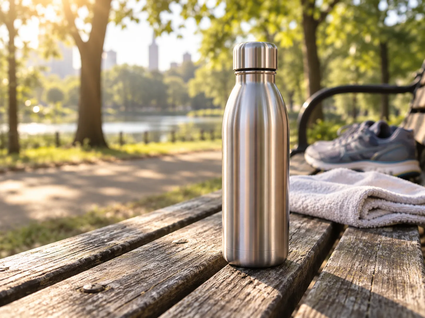 Lifestyle product scene of a water bottle on a park bench