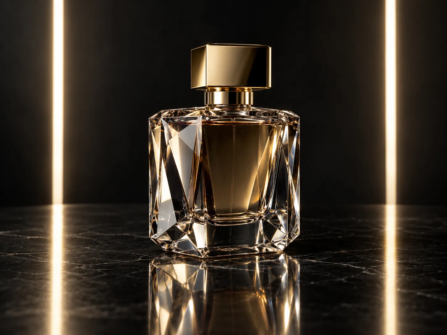 Luxury perfume bottle on a dark reflective surface