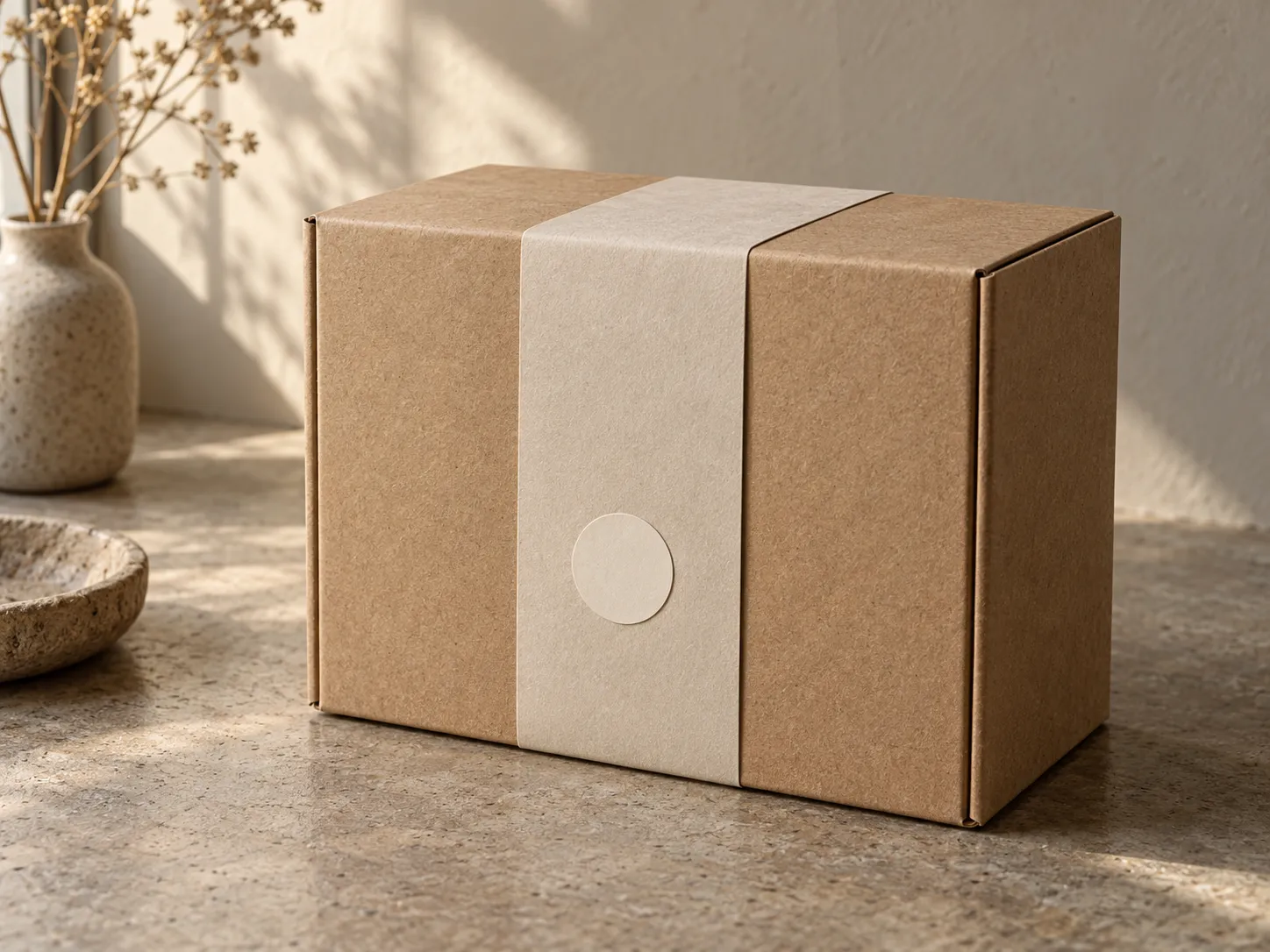 Product packaging photo of a kraft box on concrete
