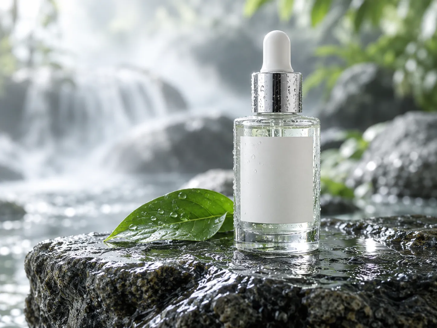 Skincare product photo of a serum bottle on a wet stone slab