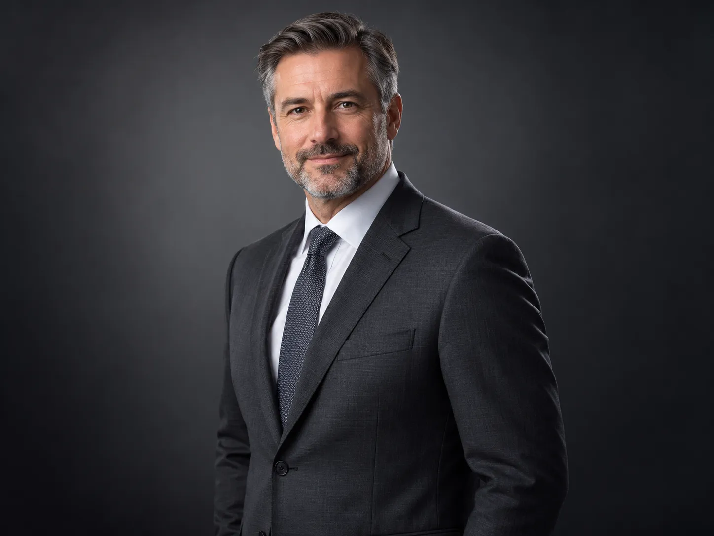 Corporate executive headshot in a charcoal suit